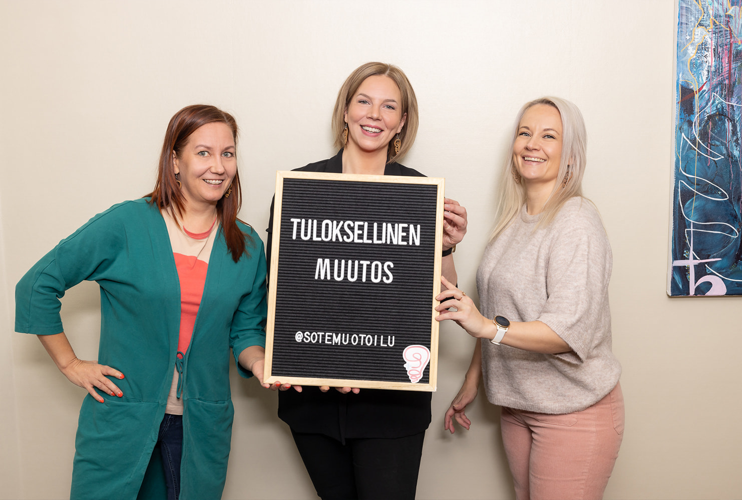 Somemuotoilu tiimi poseeraa "Tuloksellinen muutos" taulun kanssa